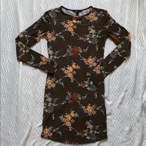 Brown dress with colorful floral design.